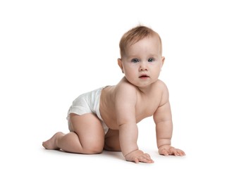 Photo of Cute little baby crawling on white background
