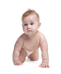Photo of Cute little baby crawling on white background