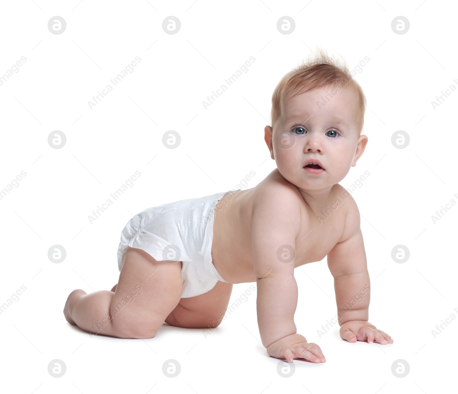Cute little baby crawling on white background Photo of Cute little baby crawling on white background