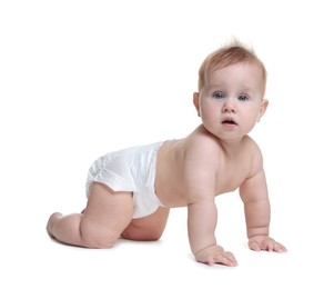 Photo of Cute little baby crawling on white background