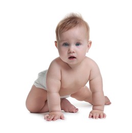 Photo of Cute little baby crawling on white background