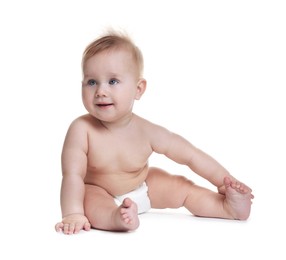 Photo of Cute little baby sitting on white background