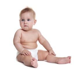Photo of Cute little baby sitting on white background