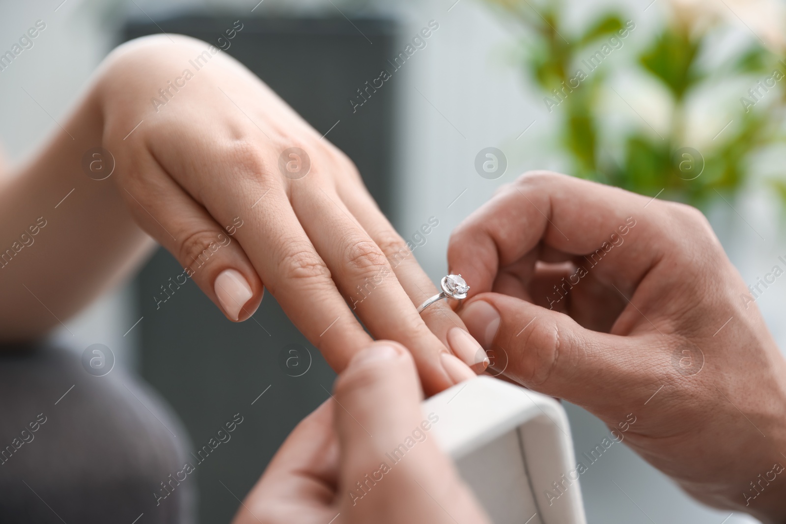 Making proposal. Man putting engagement ring on his girlfriend's finger indoors, closeup Photo of Making proposal. Man putting engagement ring on his girlfriend's finger indoors, closeup