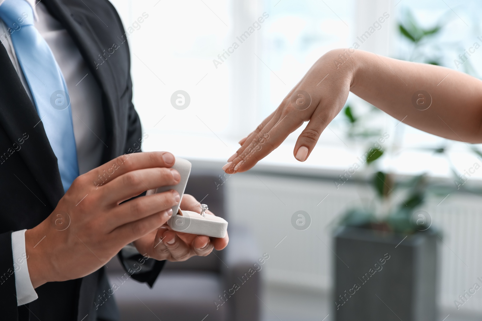 Man with engagement ring making marriage proposal to his girlfriend indoors, closeup Photo of Man with engagement ring making marriage proposal to his girlfriend indoors, closeup