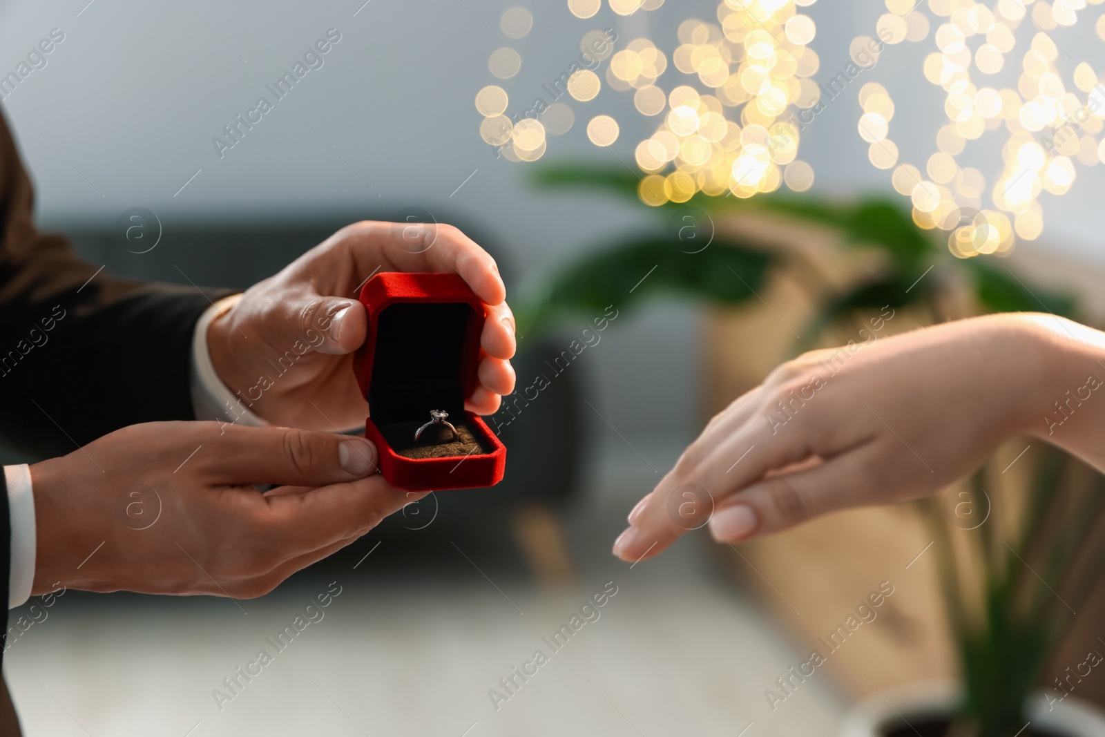 Photo of Man with engagement ring making marriage proposal to his girlfriend indoors, closeup. Bokeh effect
