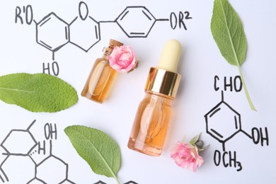 Photo of Bottles of cosmetic products, herbs and roses on paper with chemical formulas, flat lay