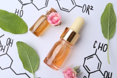 Photo of Bottles of cosmetic products, herbs and roses on paper with chemical formulas, above view