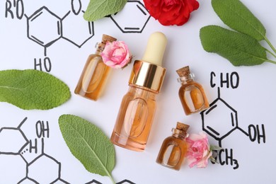 Photo of Bottles of cosmetic products, herbs and roses on paper with chemical formulas, flat lay