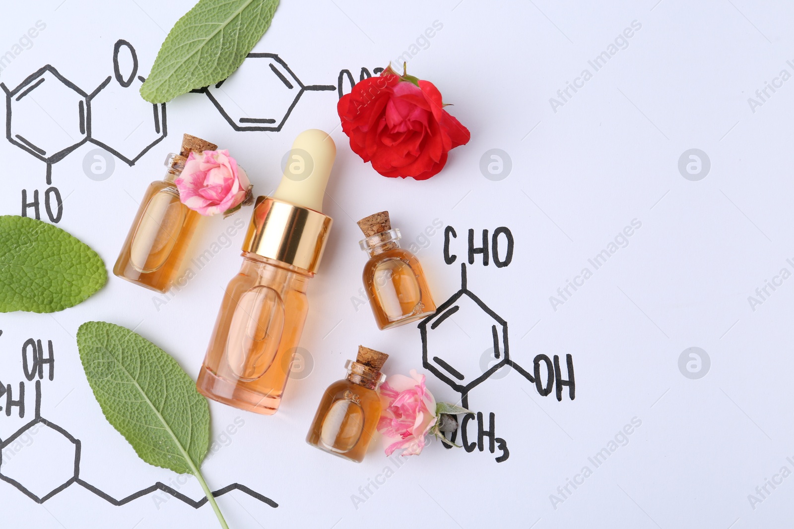 Photo of Bottles of cosmetic products, herbs and roses on paper with chemical formulas, flat lay. Space for text