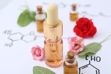 Photo of Bottles of cosmetic products, herbs and roses on paper with chemical formulas, closeup