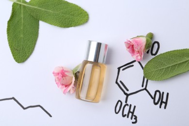 Photo of Bottle of cosmetic product, sage and roses on paper with chemical formulas, flat lay