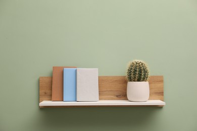 Photo of White wooden shelf with books and cactus on light green wall