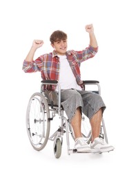 Photo of Smiling teenage boy in wheelchair on white background