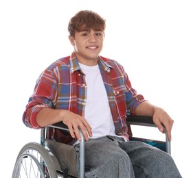 Photo of Smiling teenage boy in wheelchair on white background