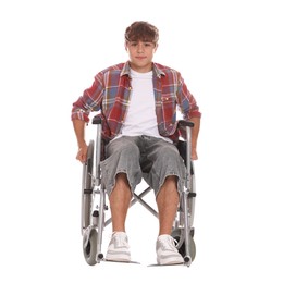 Photo of Teenage boy in wheelchair on white background