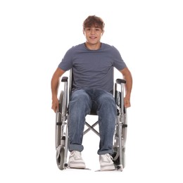 Photo of Smiling teenage boy in wheelchair on white background