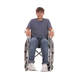 Photo of Smiling teenage boy in wheelchair on white background
