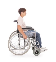 Photo of Teenage boy in wheelchair on white background