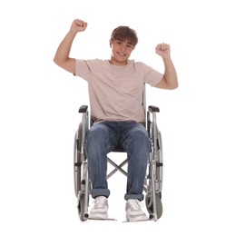 Photo of Smiling teenage boy in wheelchair on white background