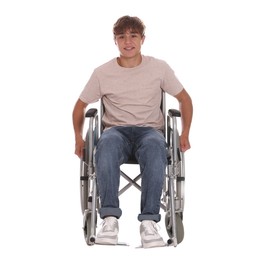 Photo of Smiling teenage boy in wheelchair on white background