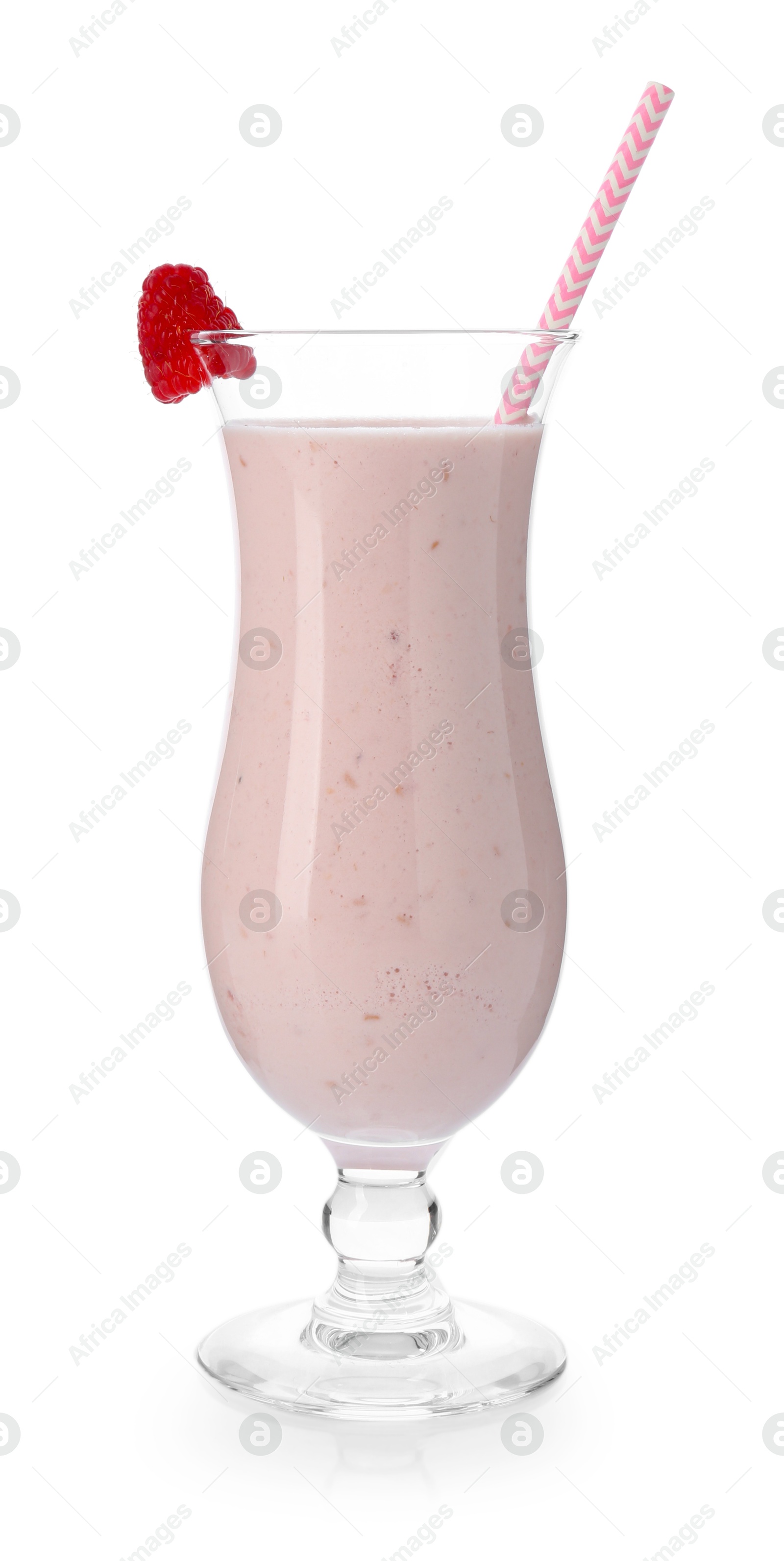 Photo of Tasty raspberry milkshake in glass isolated on white