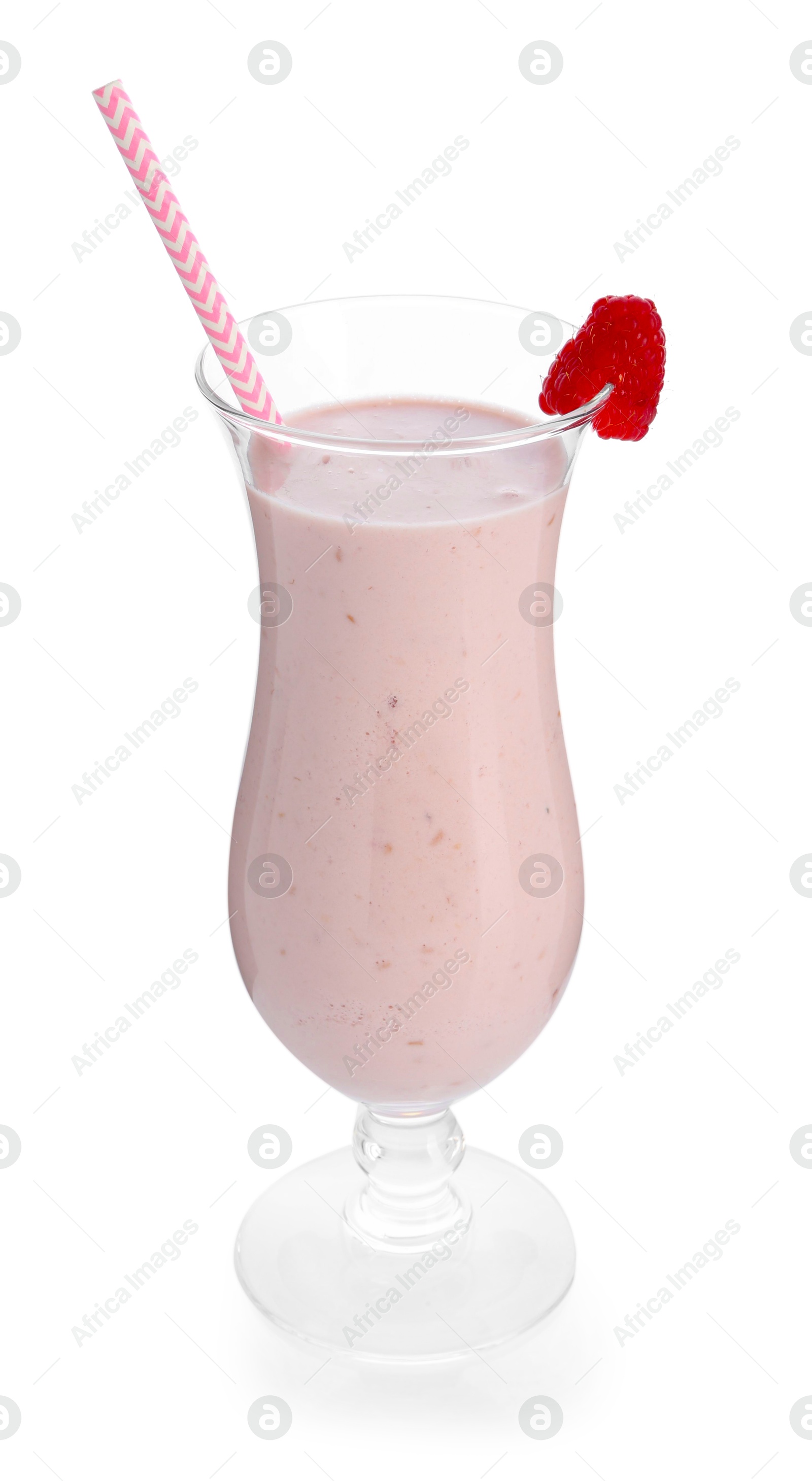 Photo of Tasty raspberry milkshake in glass isolated on white