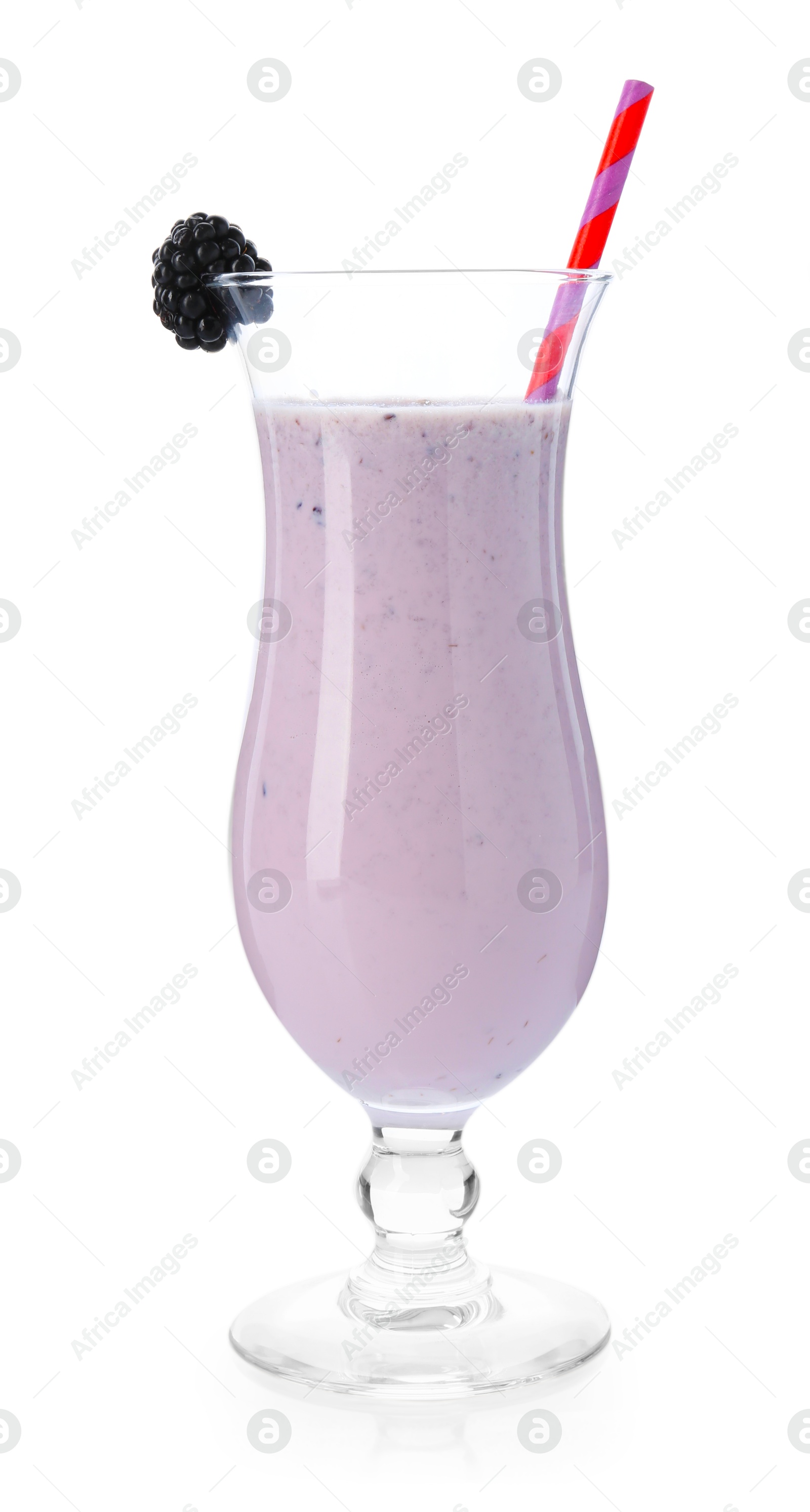 Photo of Tasty blackberry milkshake in glass isolated on white