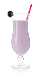 Photo of Tasty blackberry milkshake in glass isolated on white