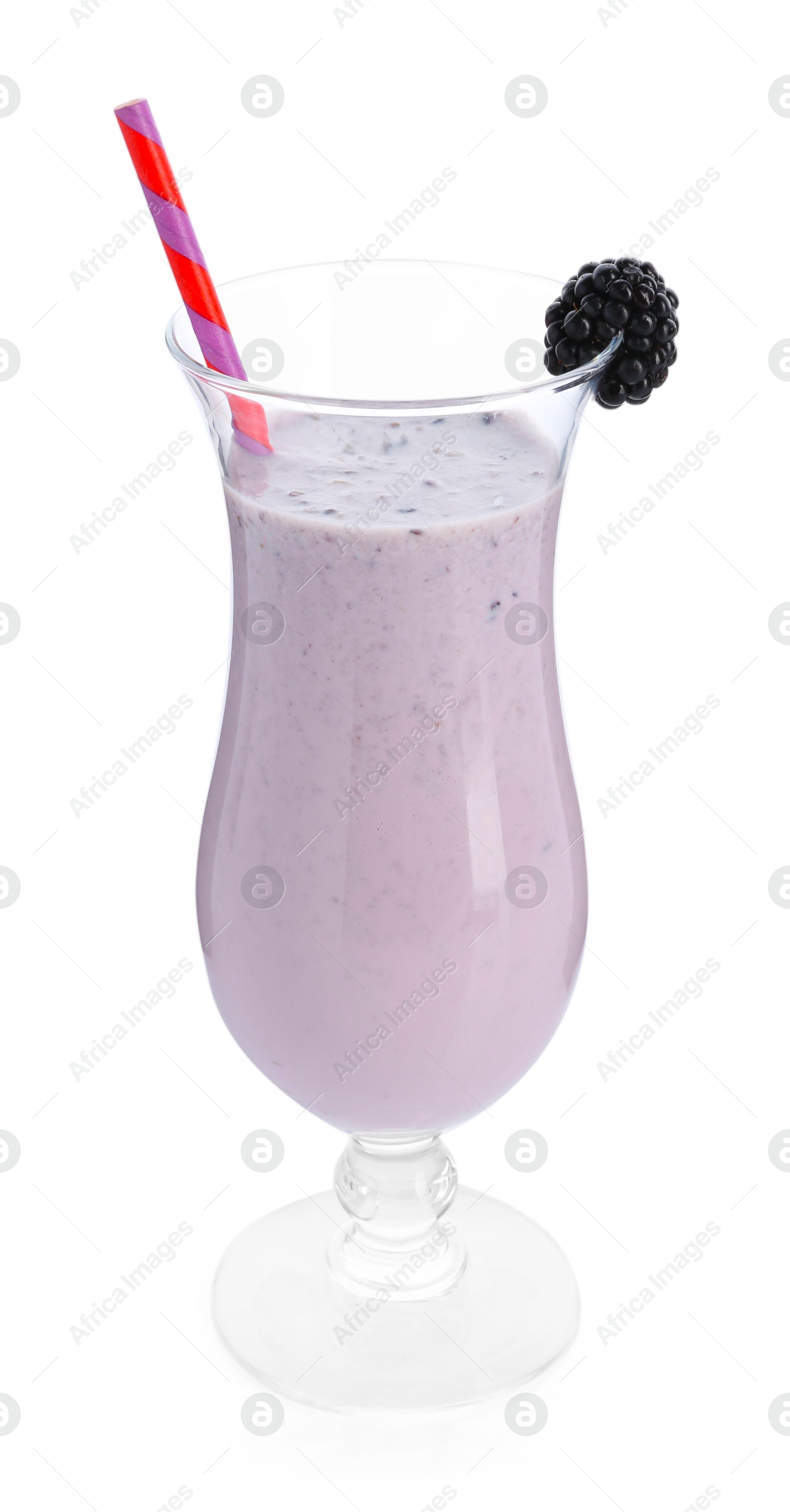 Photo of Tasty blackberry milkshake in glass isolated on white