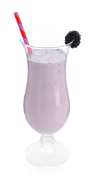 Photo of Tasty blackberry milkshake in glass isolated on white