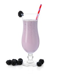 Photo of Tasty blackberry milkshake in glass and berries isolated on white