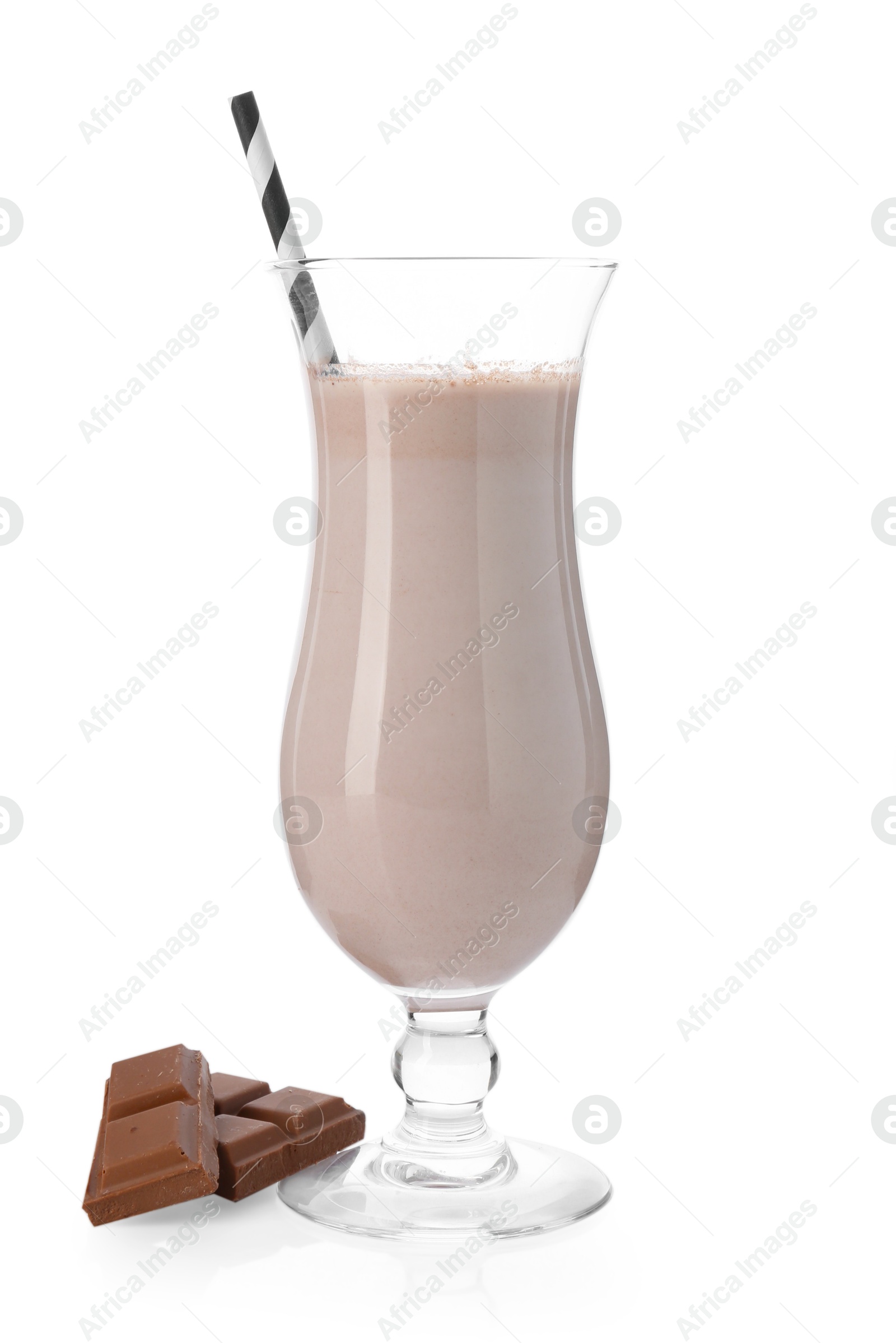 Photo of Tasty milkshake in glass and pieces of chocolate isolated on white