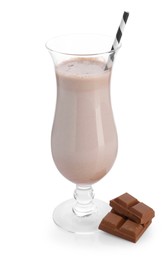 Photo of Tasty milkshake in glass and pieces of chocolate isolated on white