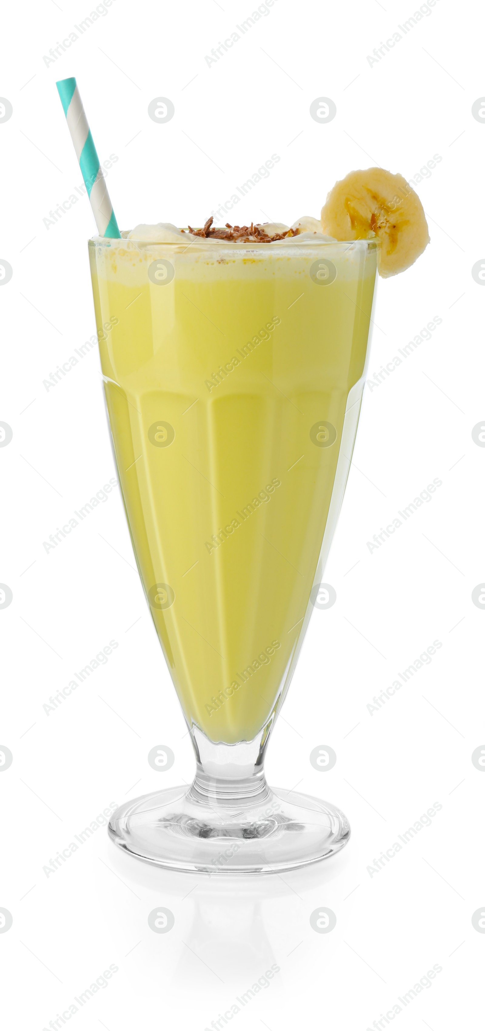 Photo of Tasty banana milkshake with whipped cream and chocolate in glass isolated on white