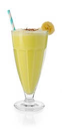 Photo of Tasty banana milkshake with whipped cream and chocolate in glass isolated on white