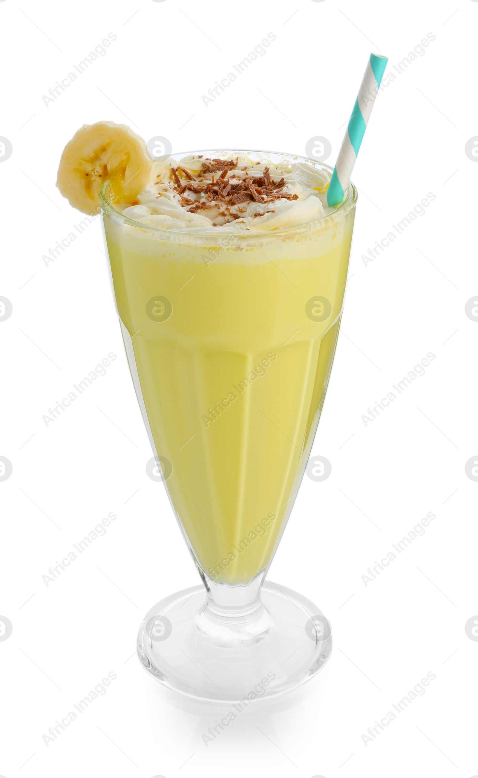 Photo of Tasty banana milkshake with whipped cream and chocolate in glass isolated on white