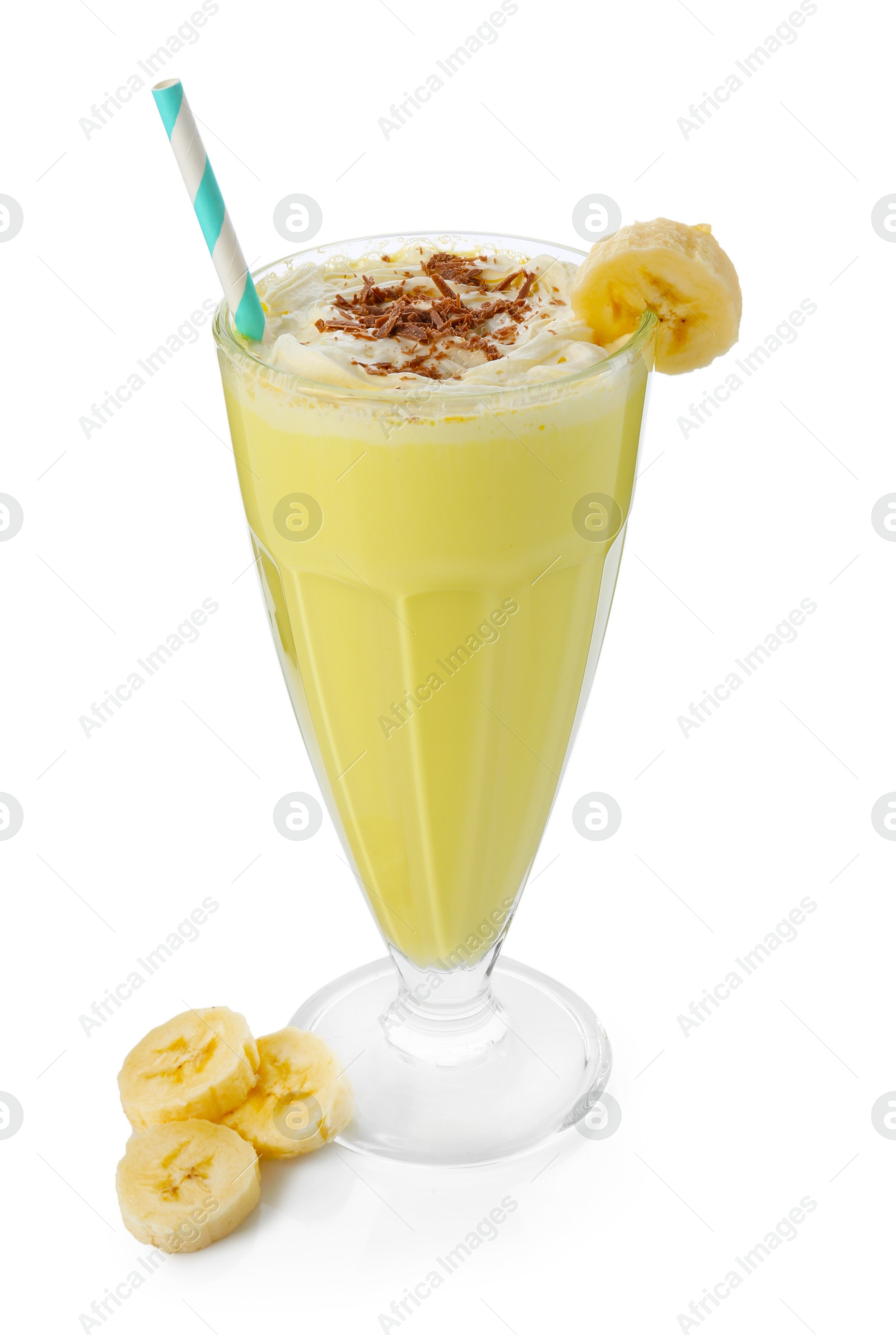 Photo of Tasty milkshake with whipped cream in glass and banana isolated on white