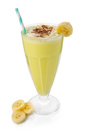 Photo of Tasty milkshake with whipped cream in glass and banana isolated on white