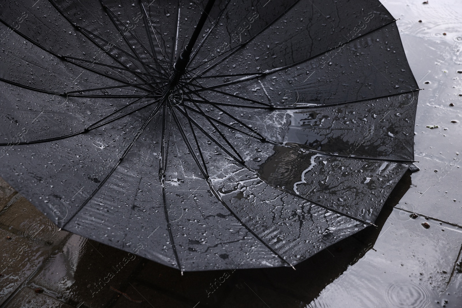Photo of Black umbrella on wet asphalt under heavy rain, closeup