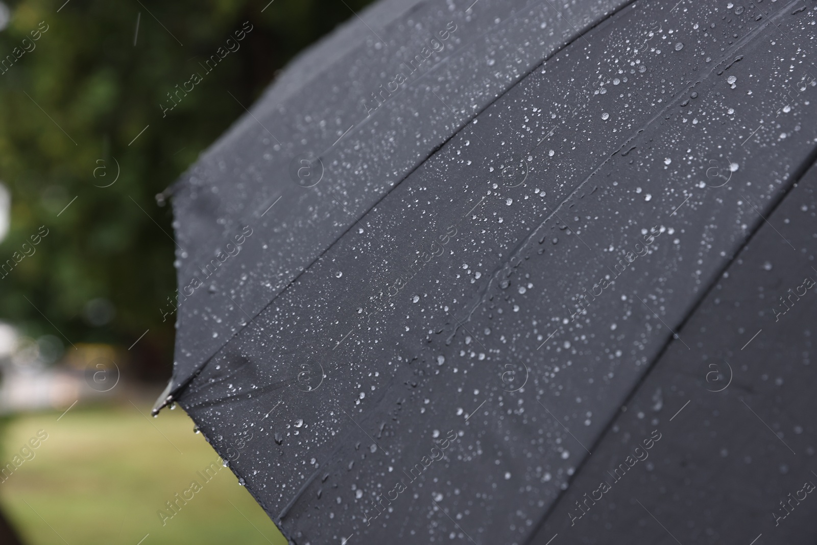 Photo of Black umbrella under heavy rain outdoors, closeup