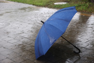 Photo of Blue umbrella on wet asphalt under heavy rain, space for text