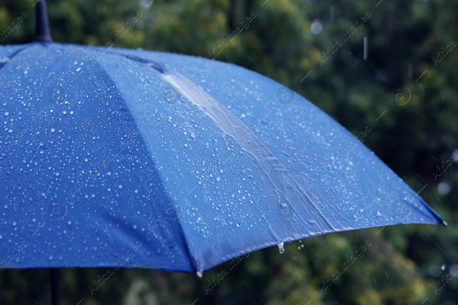Photo of Blue umbrella under heavy rain outdoors, closeup
