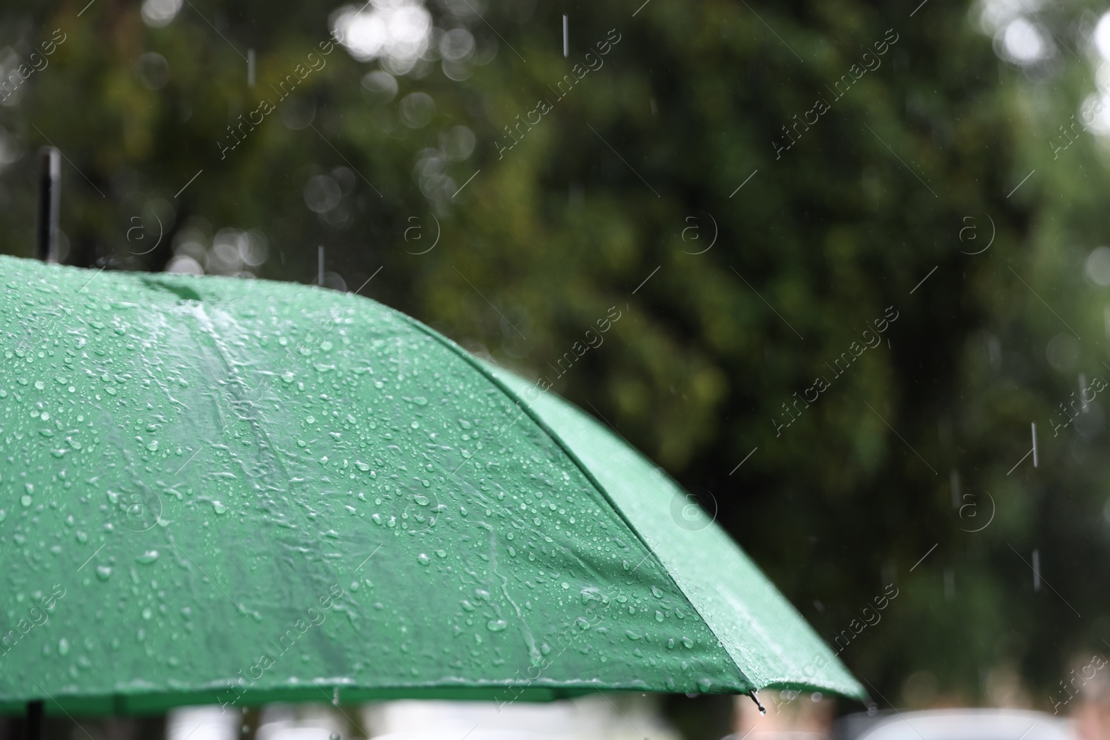 Photo of Green umbrella under heavy rain outdoors, closeup