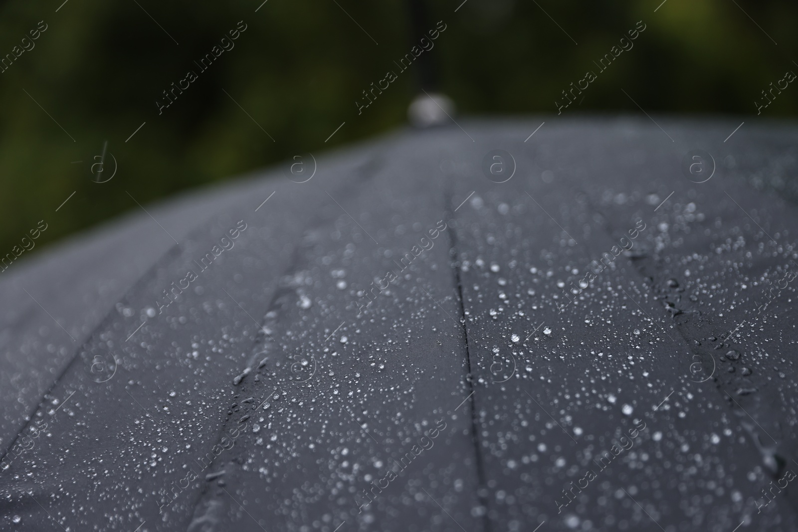 Photo of Black umbrella under heavy rain outdoors, closeup