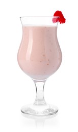 Photo of Tasty raspberry milkshake in glass isolated on white