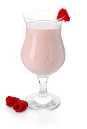 Photo of Tasty raspberry milkshake and berries in glass isolated on white