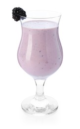 Photo of Tasty blackberry milkshake in glass isolated on white