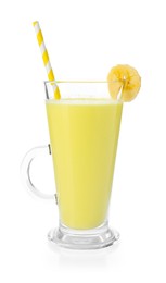 Photo of Tasty banana milkshake in glass isolated on white