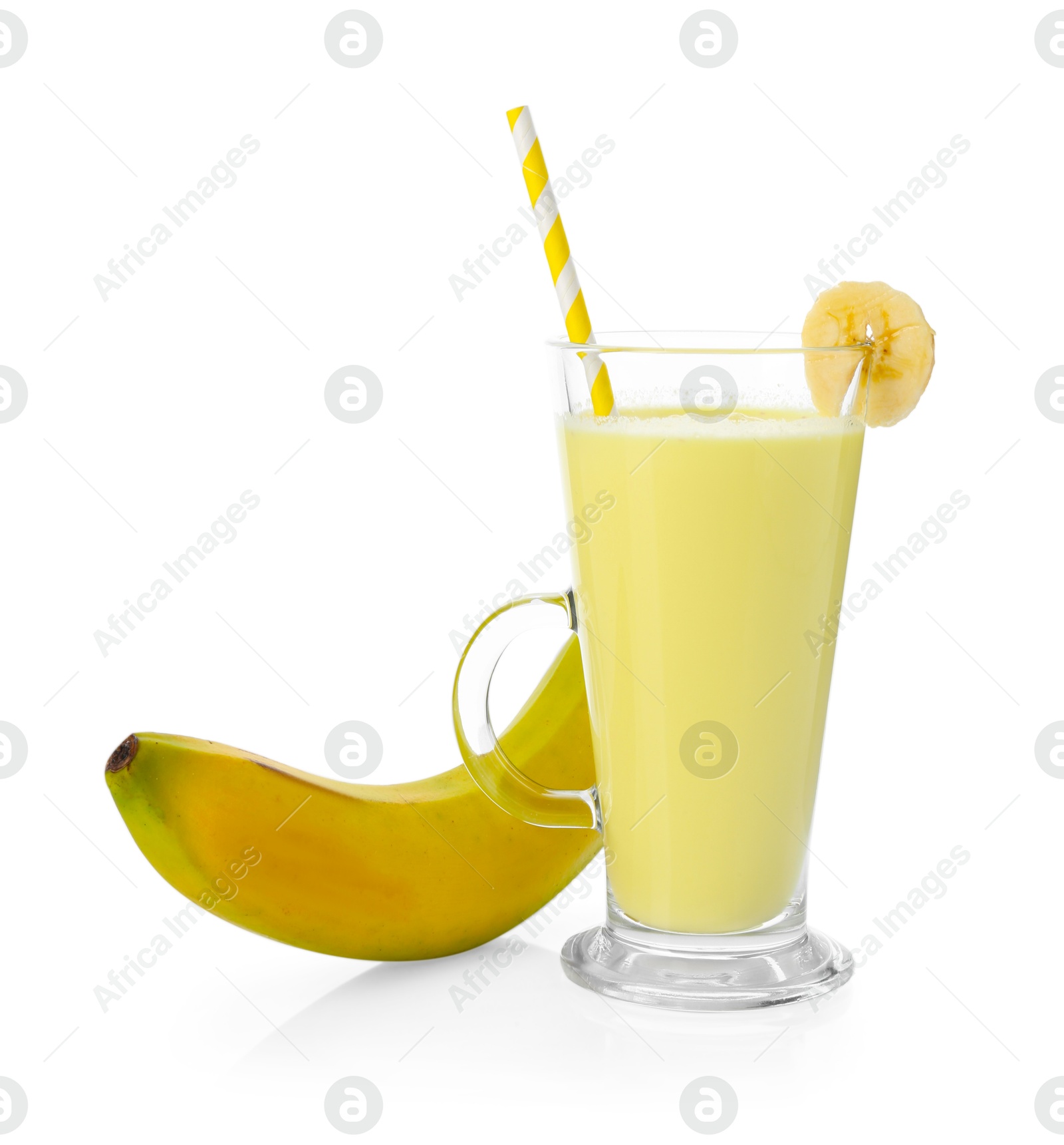 Photo of Tasty milkshake in glass and banana isolated on white